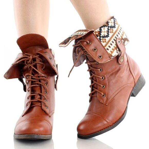 Women's Ankle Lace Up Combat Boots Bootie Two Way Fold Down Low Heels Cognac 6.5 - Picture 5 of 9